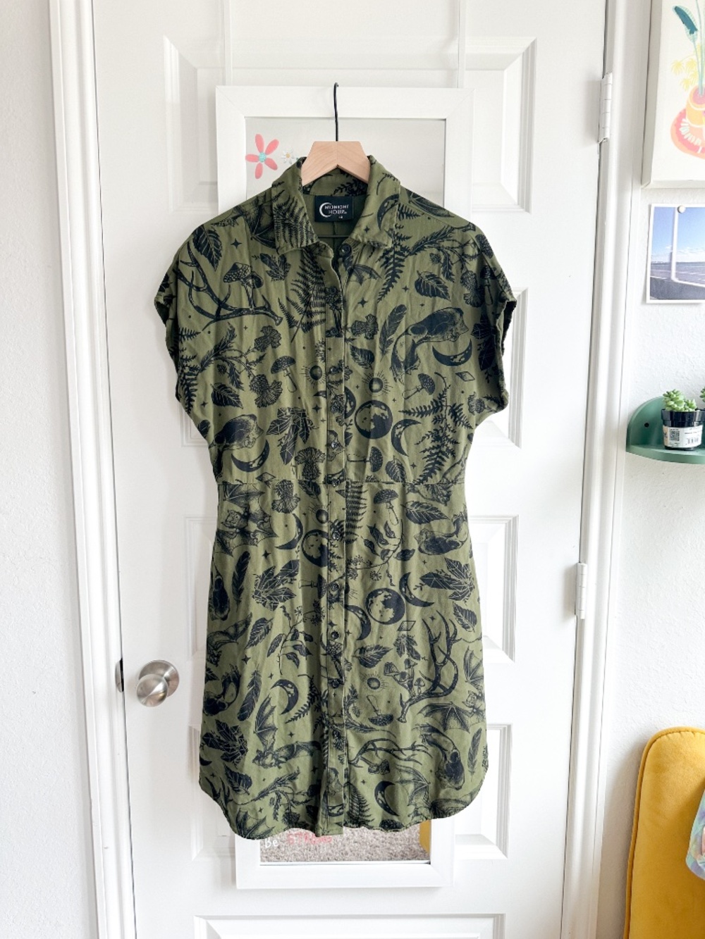 Crescent Moon Olive Green Button-Front Shirt Dress by Midnight Hour